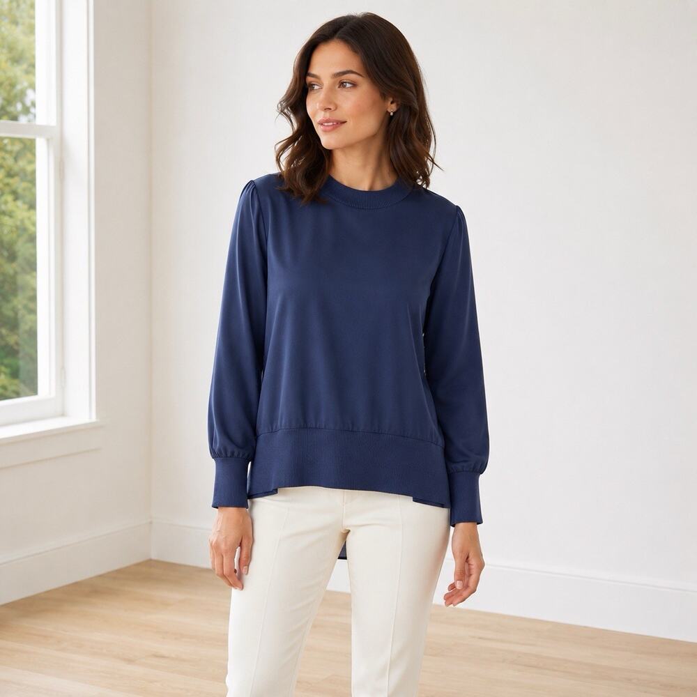 Ted Baker London 5 Wyonia High/Low Satin Crewneck Top Navy Blue Women size US 12